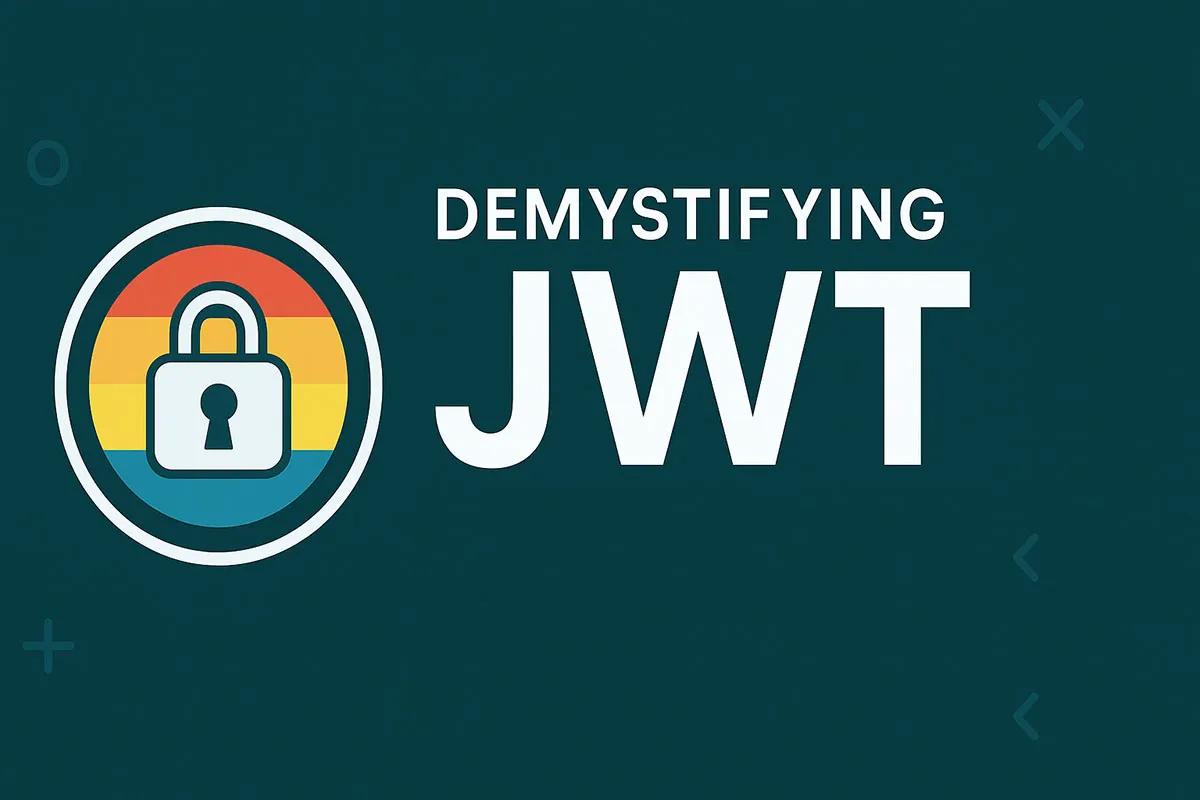 Title card reading ‘Demystifying JWT’, beside a padlock on a red, yellow and blue striped roundel.