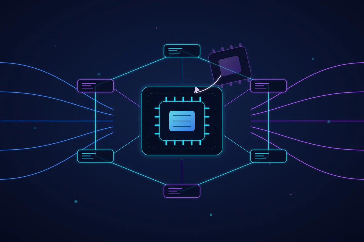 A glowing chip seated in a socket at the centre of a hexagonal frame of six harness components, with a second chip being swapped in from above — the model as an interchangeable part inside a fixed runtime.