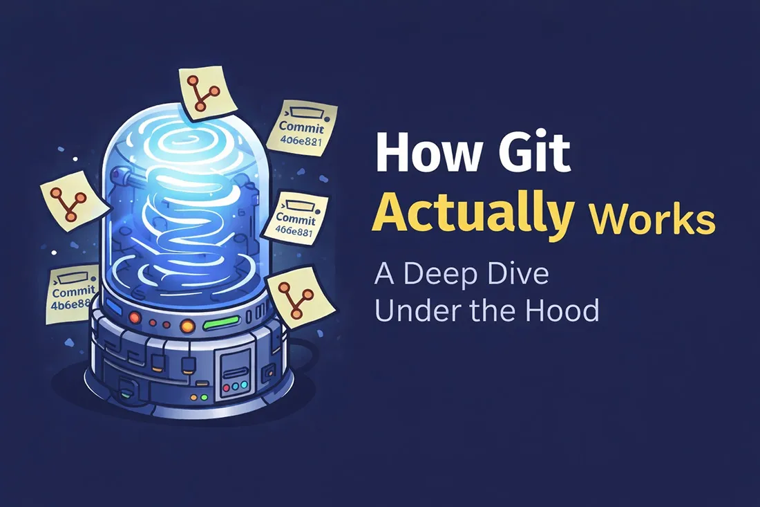 Illustration of Git internals showing commits, branches, and the .git folder