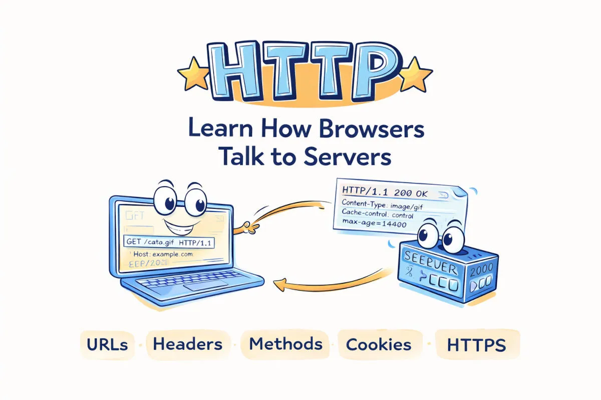 Title card reading ‘HTTP: Learn How Browsers Talk to Servers’, with a cartoon laptop sending ‘GET /cat.gif HTTP/1.1’ to a server replying ‘HTTP/1.1 200 OK’, above labels for URLs, headers, methods, cookies and HTTPS.