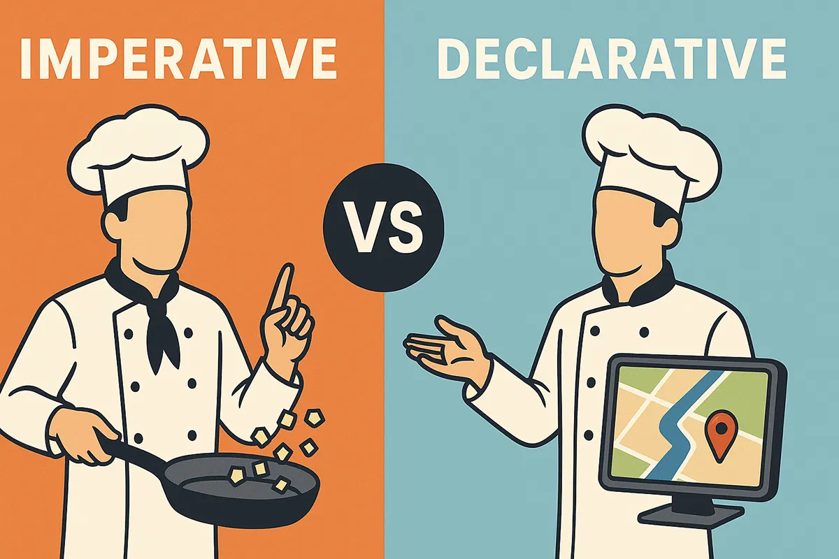 Split illustration labelled ‘Imperative’ and ‘Declarative’: one chef stir-fries step by step in a pan, the other gestures at a map already drawn on a screen.