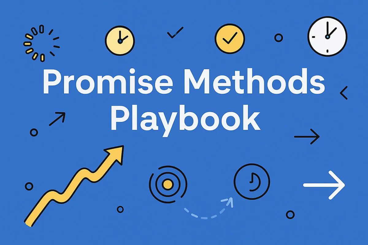 Title card reading ‘Promise Methods Playbook’ on a blue field scattered with clocks, spinners, ticks and arrows.