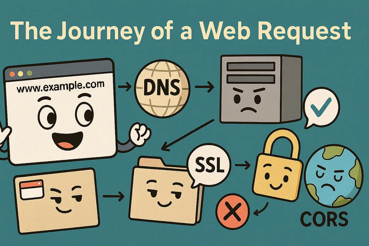 Cartoon flow titled ‘The Journey of a Web Request’: a browser window showing www.example.com passes through DNS to a server, then on through SSL, a padlock and CORS.