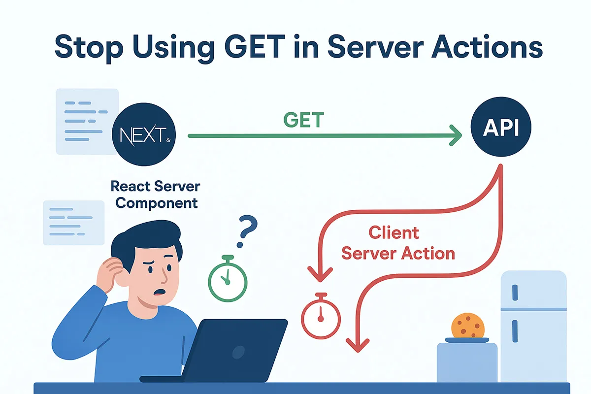 Diagram titled ‘Stop Using GET in Server Actions’: a React Server Component sends a green GET arrow straight to an API, while a red ‘Client Server Action’ path loops back through extra hops, beside a puzzled developer at a laptop.